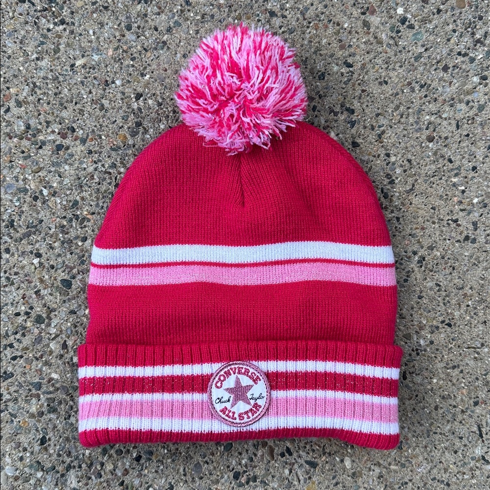 Converse All Star White and Pink Striped Youth Beanie